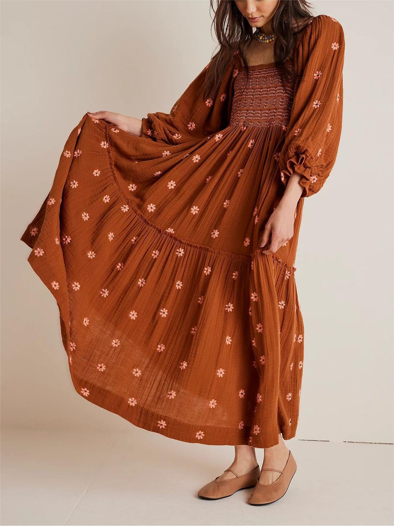 Amazon.com: Women Puff Sleeve Embroidered Maxi Dress, Floral